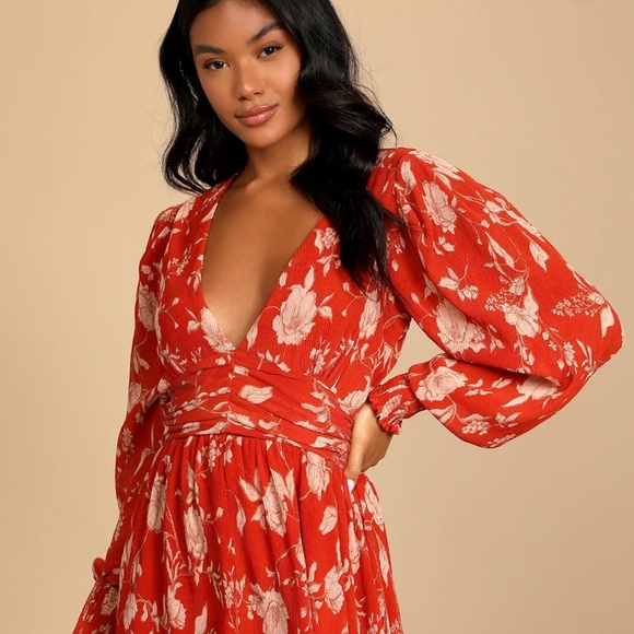 Floral Red V-Neck Dress - Picture 1 of 7